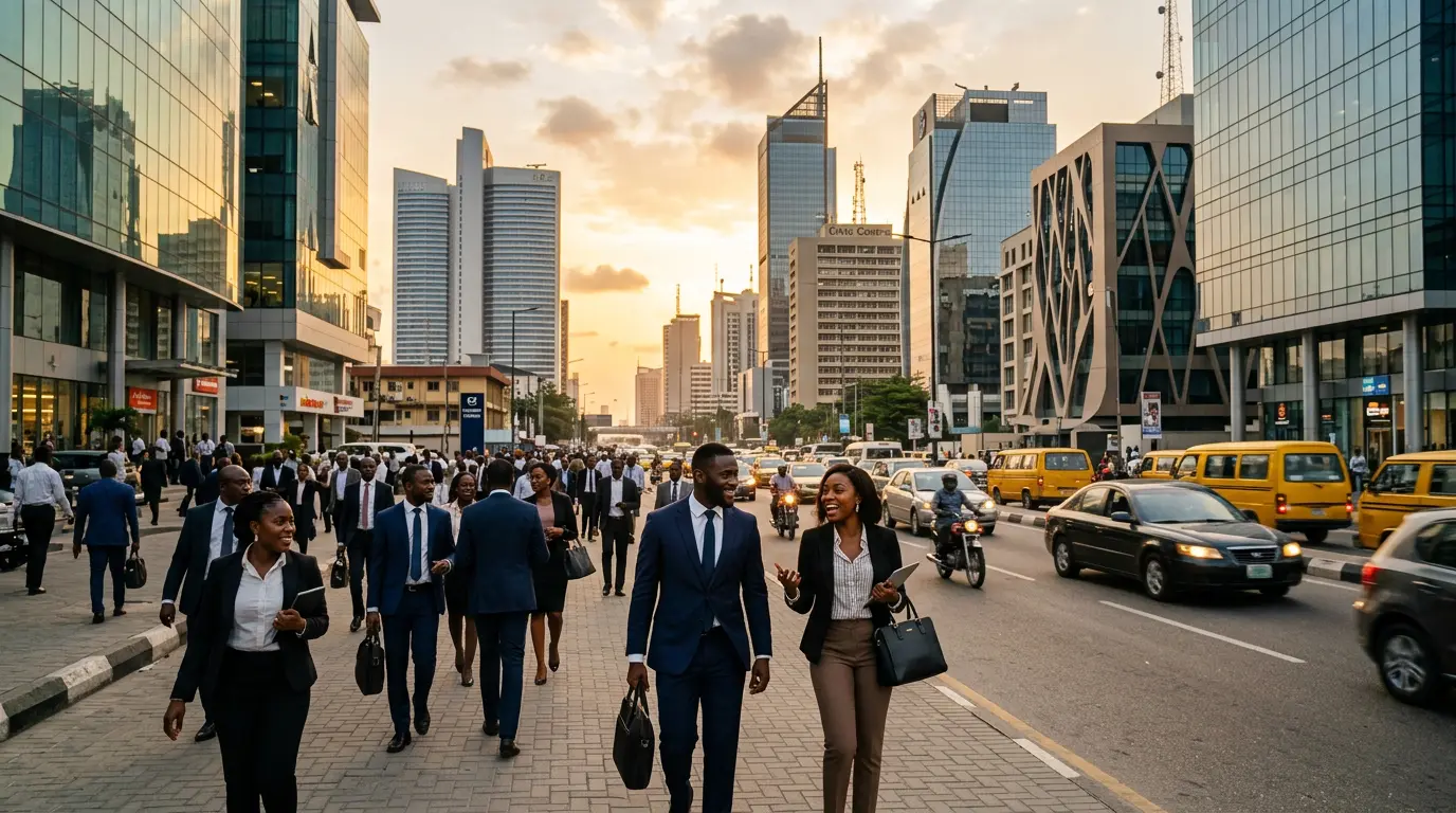Nigerian professionals in a busy Lagos business district