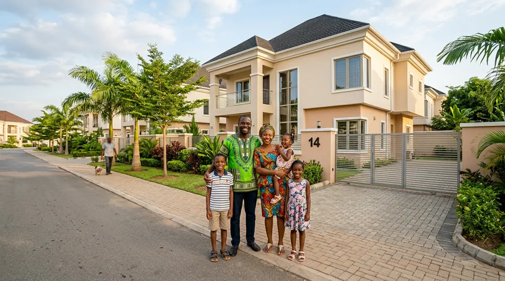 Nigerian family in front of a new home