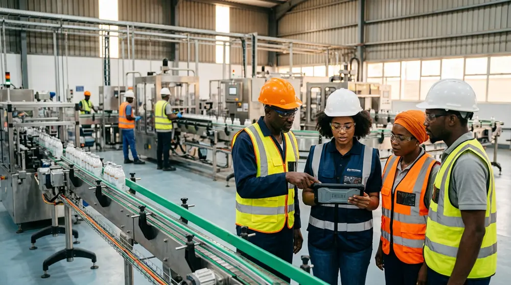 Nigerian factory team reviewing production